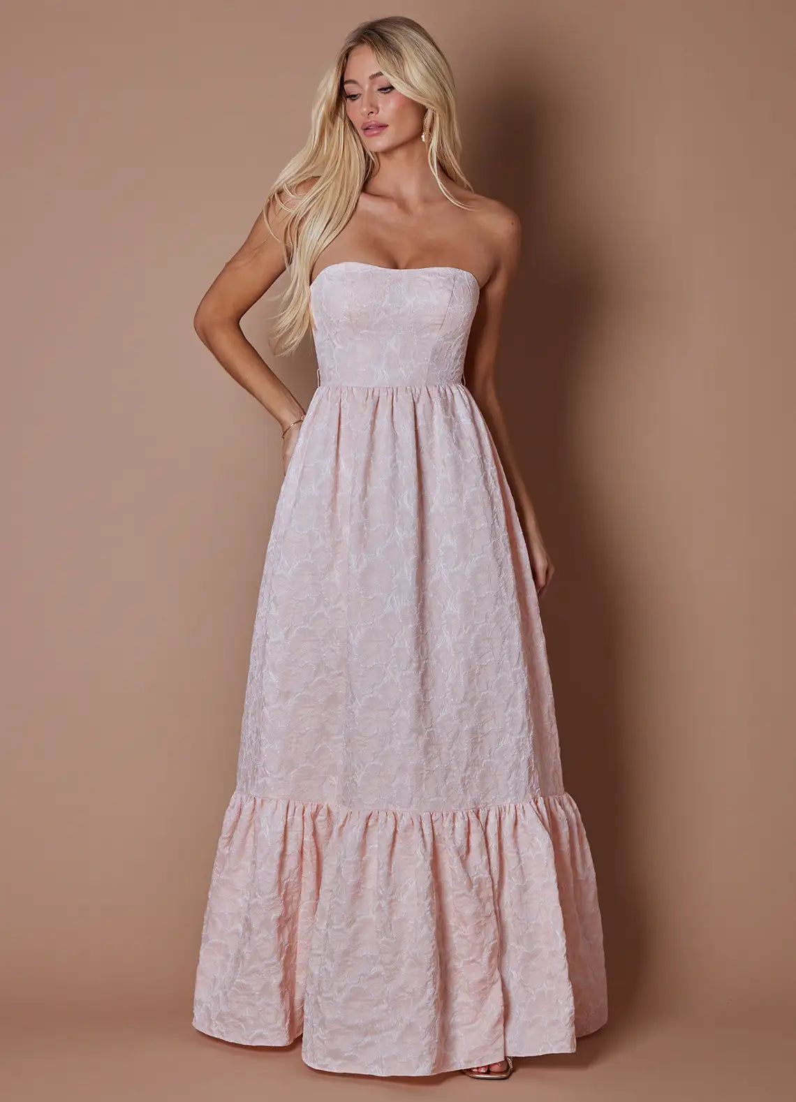 Blush Floor-Length Strapless Textured Floral Tiered Ruffle Bridesmaid Dress