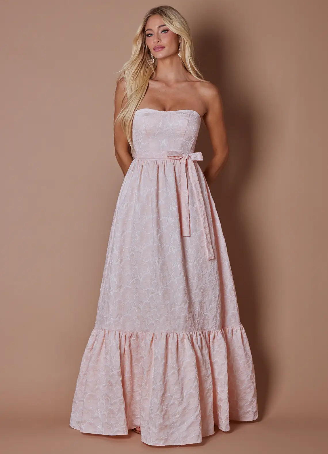 Blush Floor-Length Strapless Textured Floral Tiered Ruffle Bridesmaid Dress