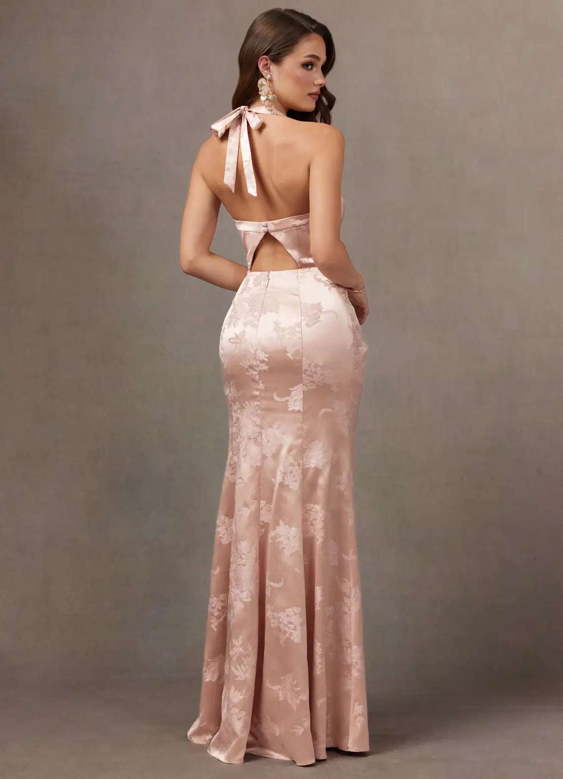 Blush Floral Jacquard Halter Tie Back Slit Mermaid Maxi Wedding Guest Dress