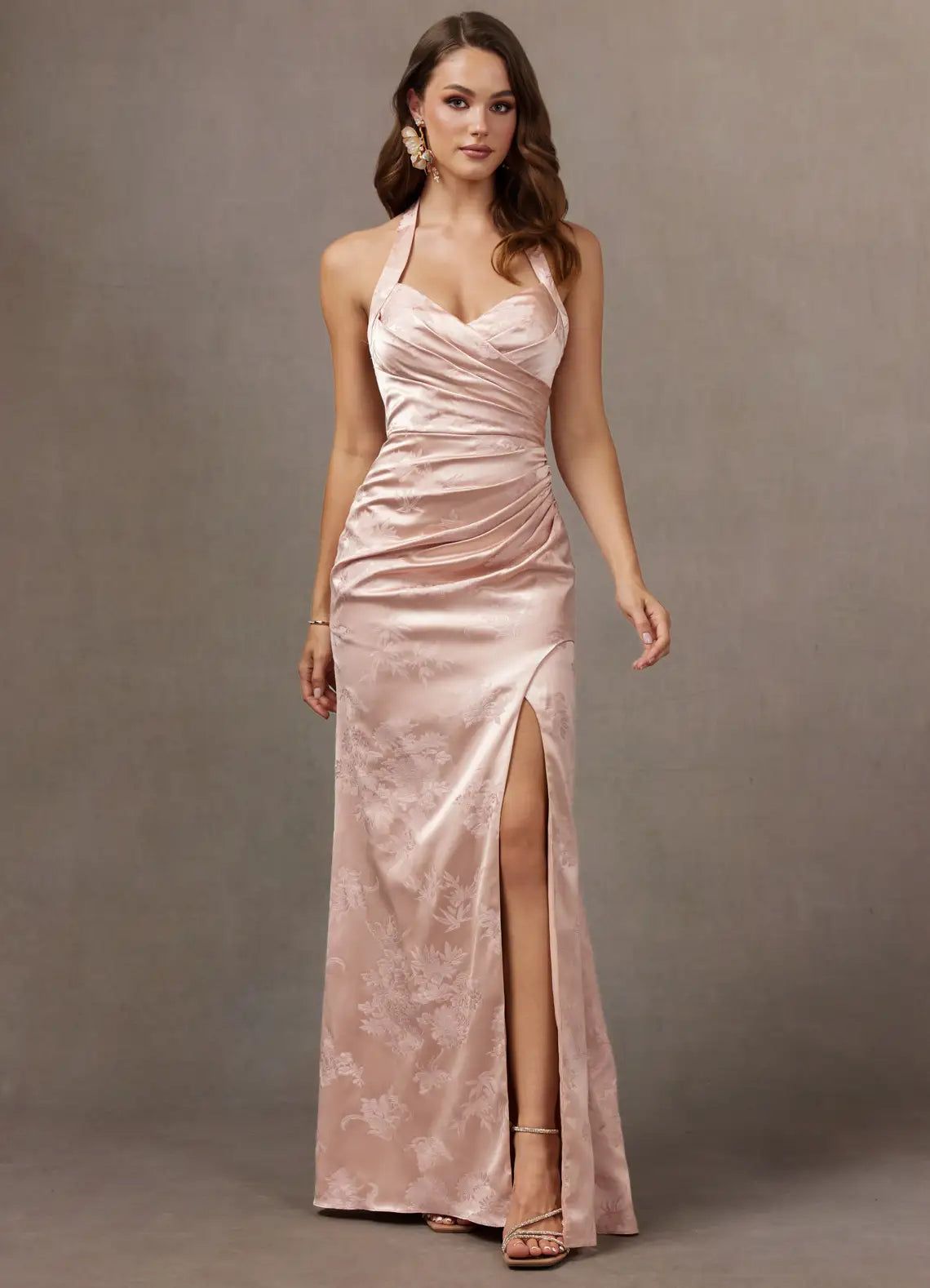 Blush Floral Jacquard Halter Tie Back Slit Mermaid Maxi Wedding Guest Dress