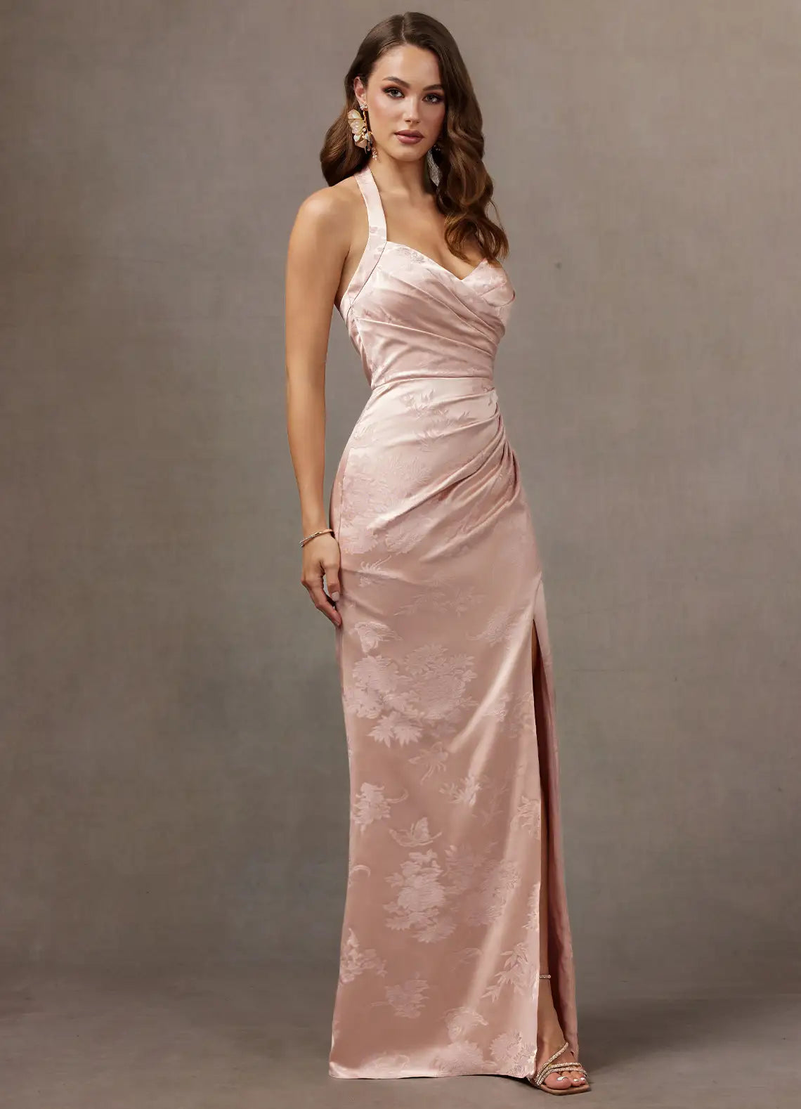 Blush Floral Jacquard Halter Tie Back Slit Mermaid Maxi Wedding Guest Dress