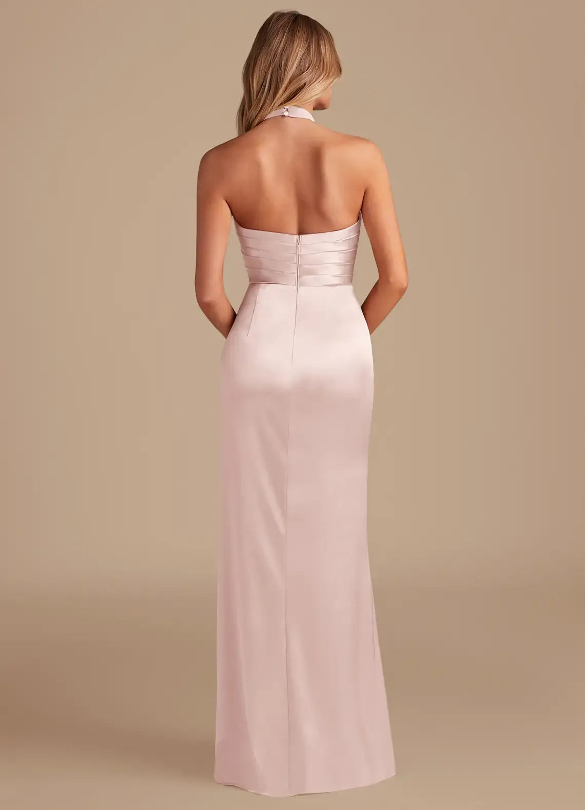 Blush Halter Ruched High Slit Floor Length Mermaid Satin Bridesmaid Dress