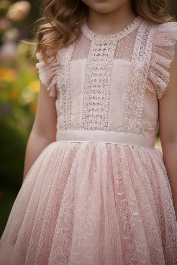 Blush Lace Tulle A Line Round Neck Sleeveless Ruffle Shoulder Plain Back Knee Length Flower Girl Wedding Dress