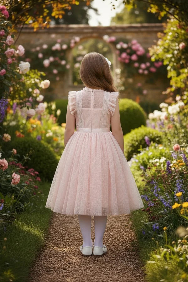 Blush Lace Tulle A Line Round Neck Sleeveless Ruffle Shoulder Plain Back Knee Length Flower Girl Wedding Dress