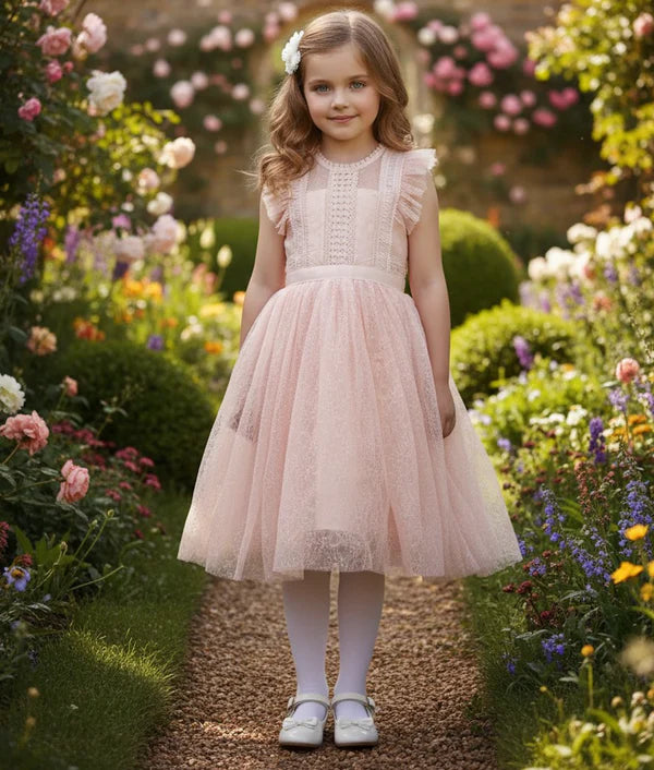 Blush Lace Tulle A Line Round Neck Sleeveless Ruffle Shoulder Plain Back Knee Length Flower Girl Wedding Dress