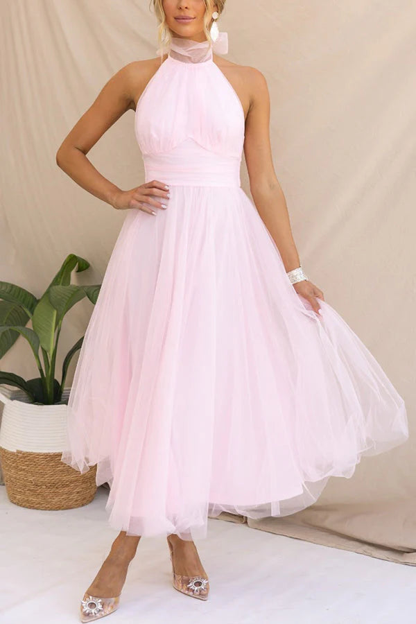 Blush Midi Halter-Neck Tulle A-Line Wedding Guest Dress