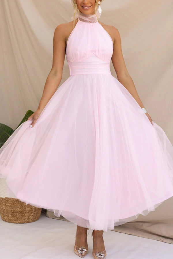 Blush Midi Halter-Neck Tulle A-Line Wedding Guest Dress
