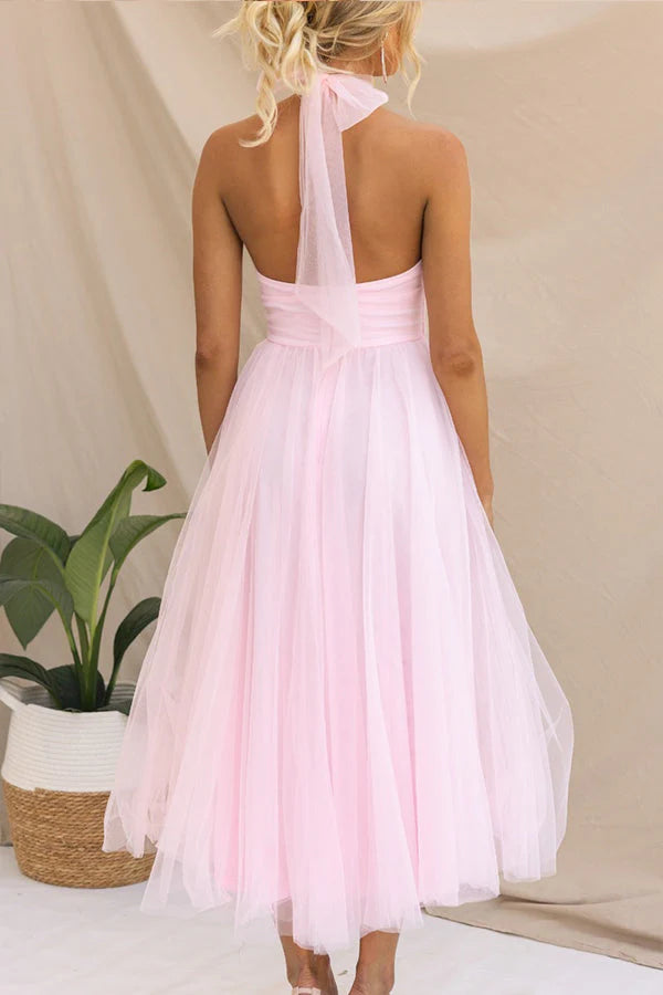 Blush Midi Halter-Neck Tulle A-Line Wedding Guest Dress
