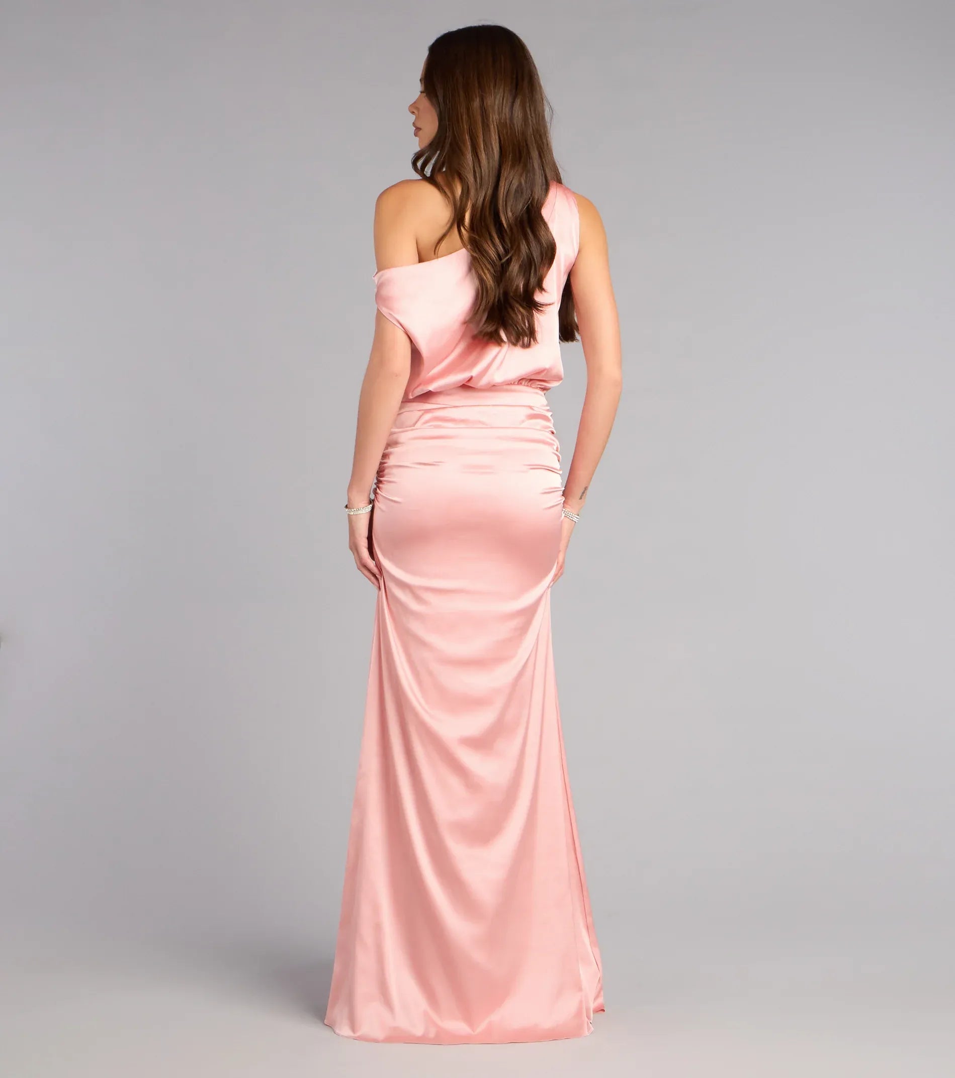 Blush Off Shoulder Draped Ruched Satin Mermaid Maxi Wedding Guest Dress