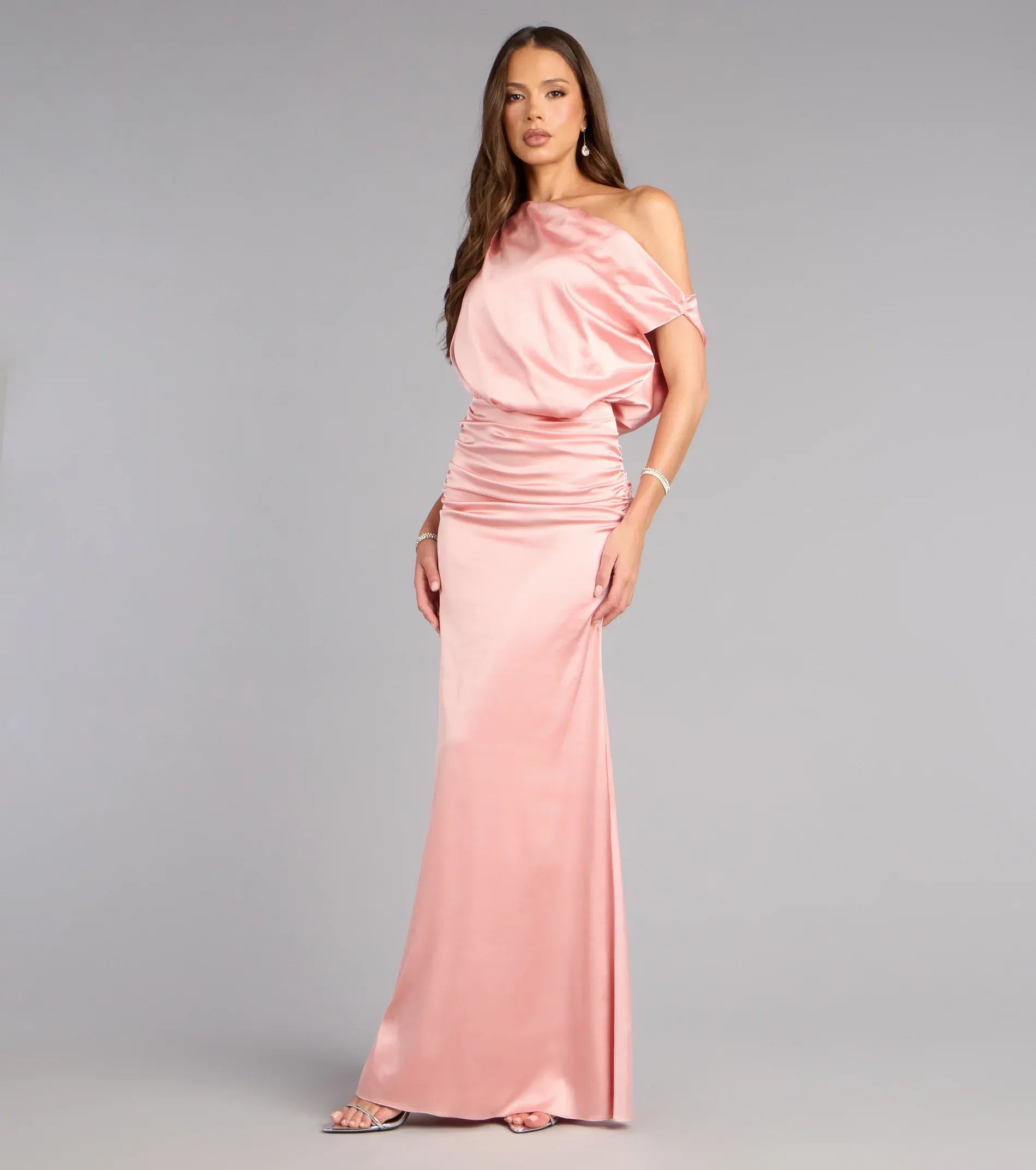 Blush Off Shoulder Draped Ruched Satin Mermaid Maxi Wedding Guest Dress