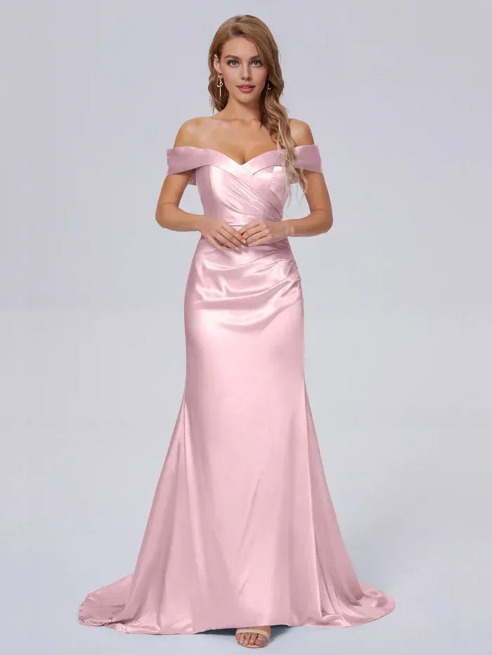 Blush Off Shoulder Side Ruched Sweep Train Mermaid Satin Bridesmaid Dress