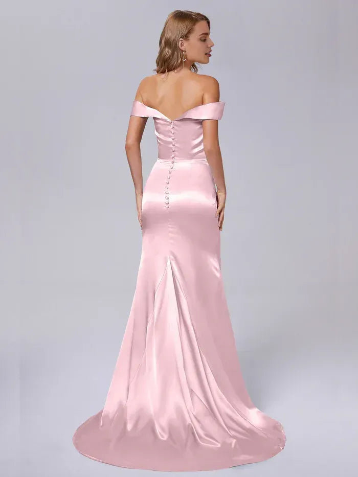 Blush Off Shoulder Side Ruched Sweep Train Mermaid Satin Bridesmaid Dress