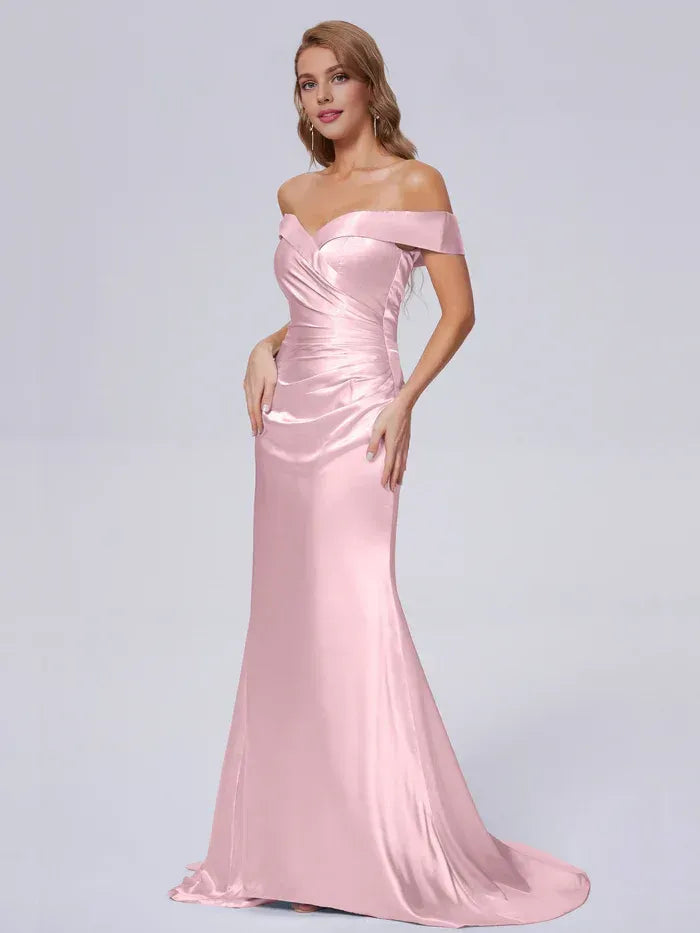 Blush Off Shoulder Side Ruched Sweep Train Mermaid Satin Bridesmaid Dress
