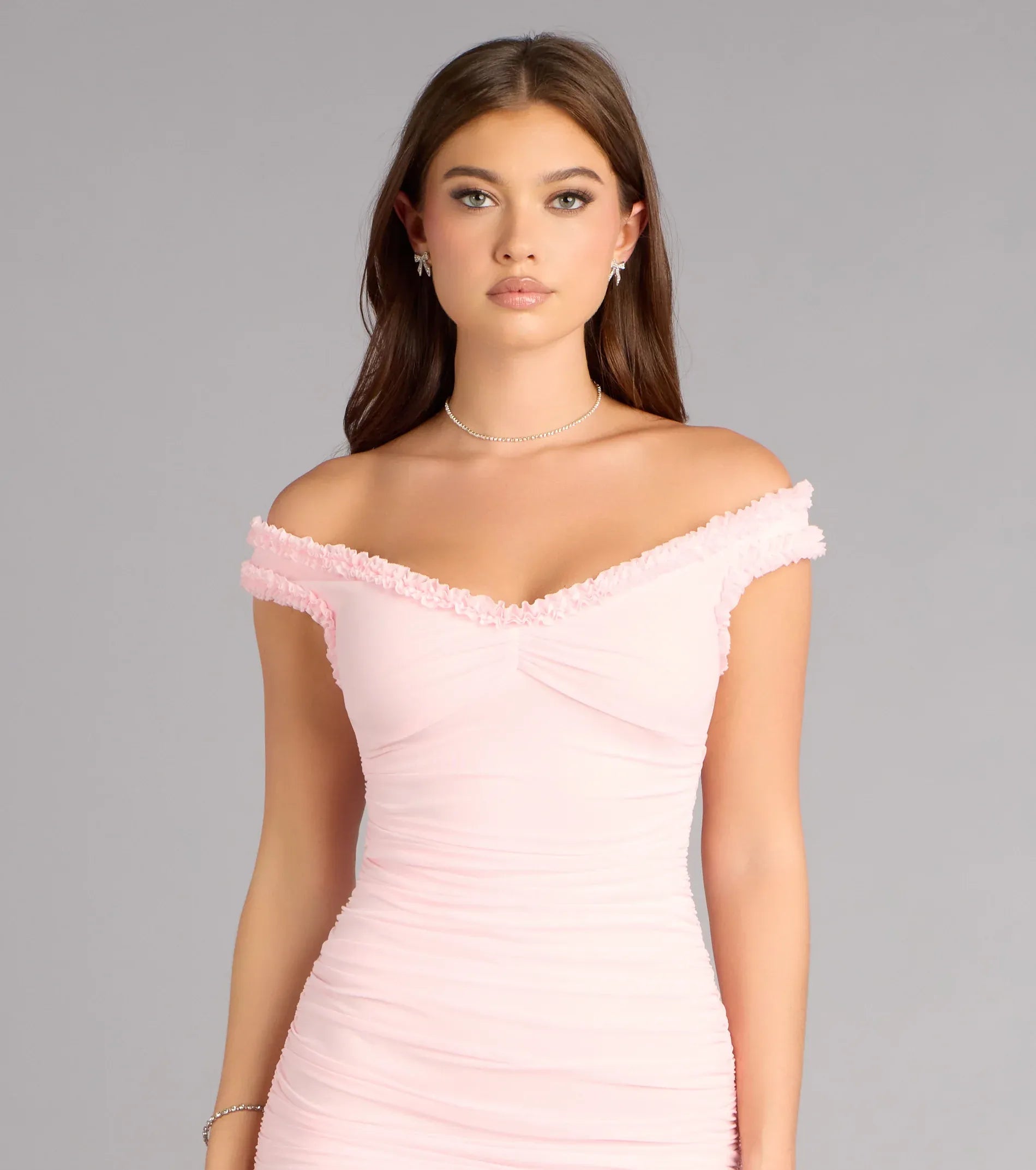 Blush Off The Shoulder Ruched Asymmetrical Ruffle Mermaid Maxi Wedding Guest Dress