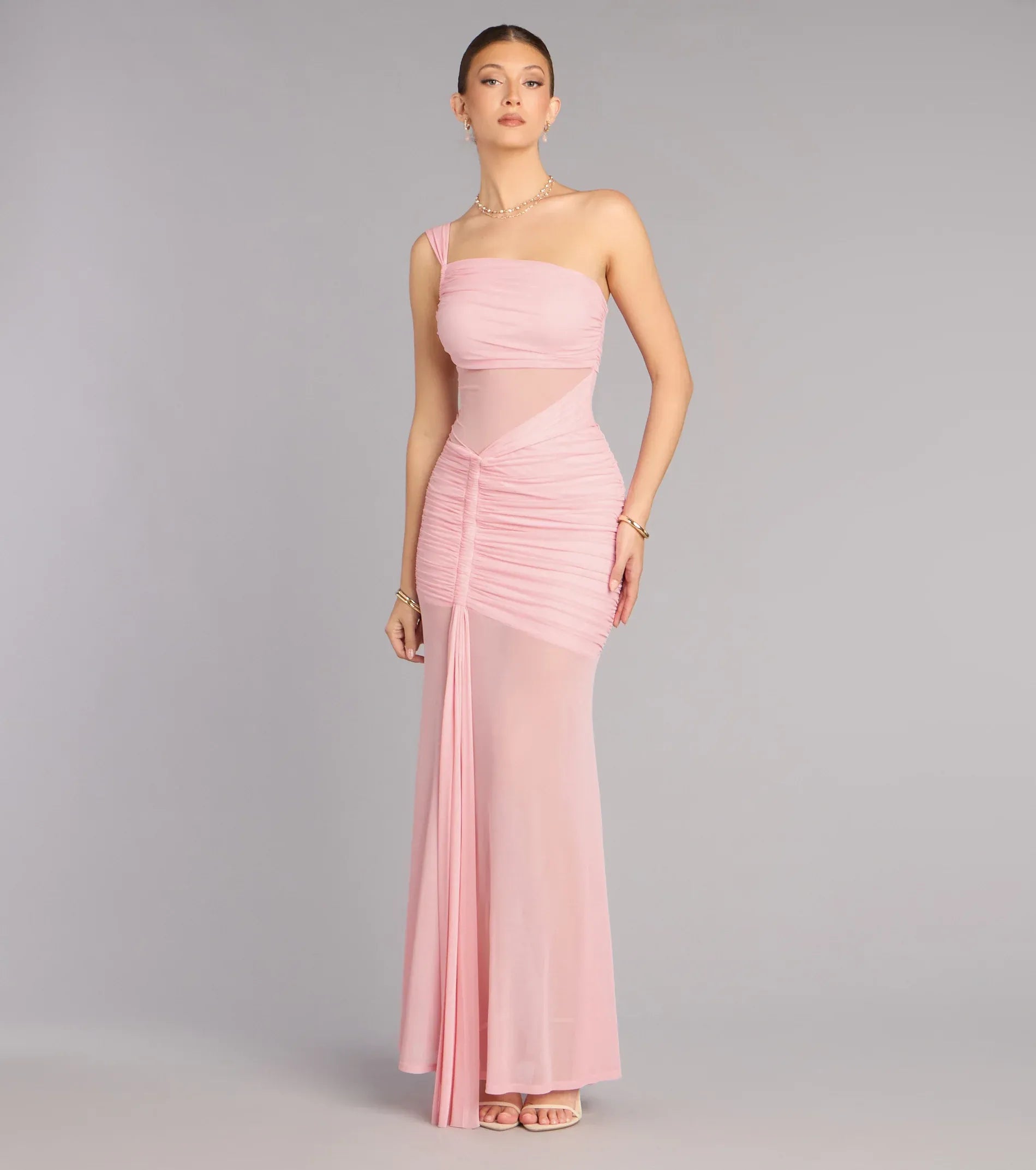 Blush One Shoulder Sheer Mesh Ruched Drawstring Mermaid Maxi Wedding Guest Dress