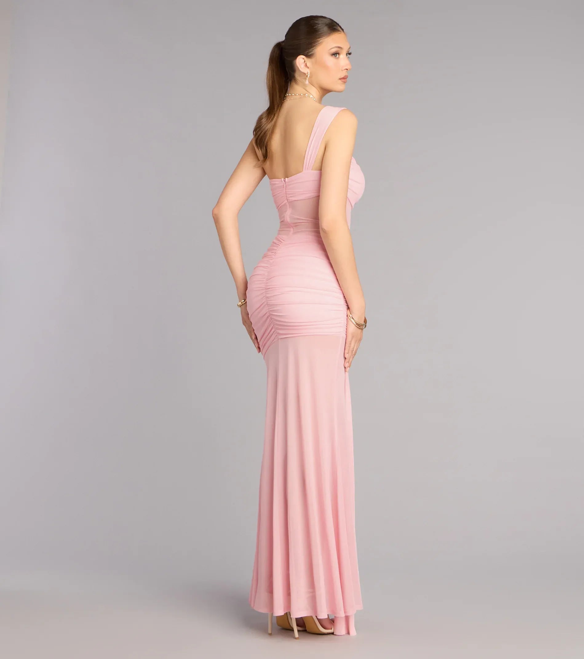 Blush One Shoulder Sheer Mesh Ruched Drawstring Mermaid Maxi Wedding Guest Dress