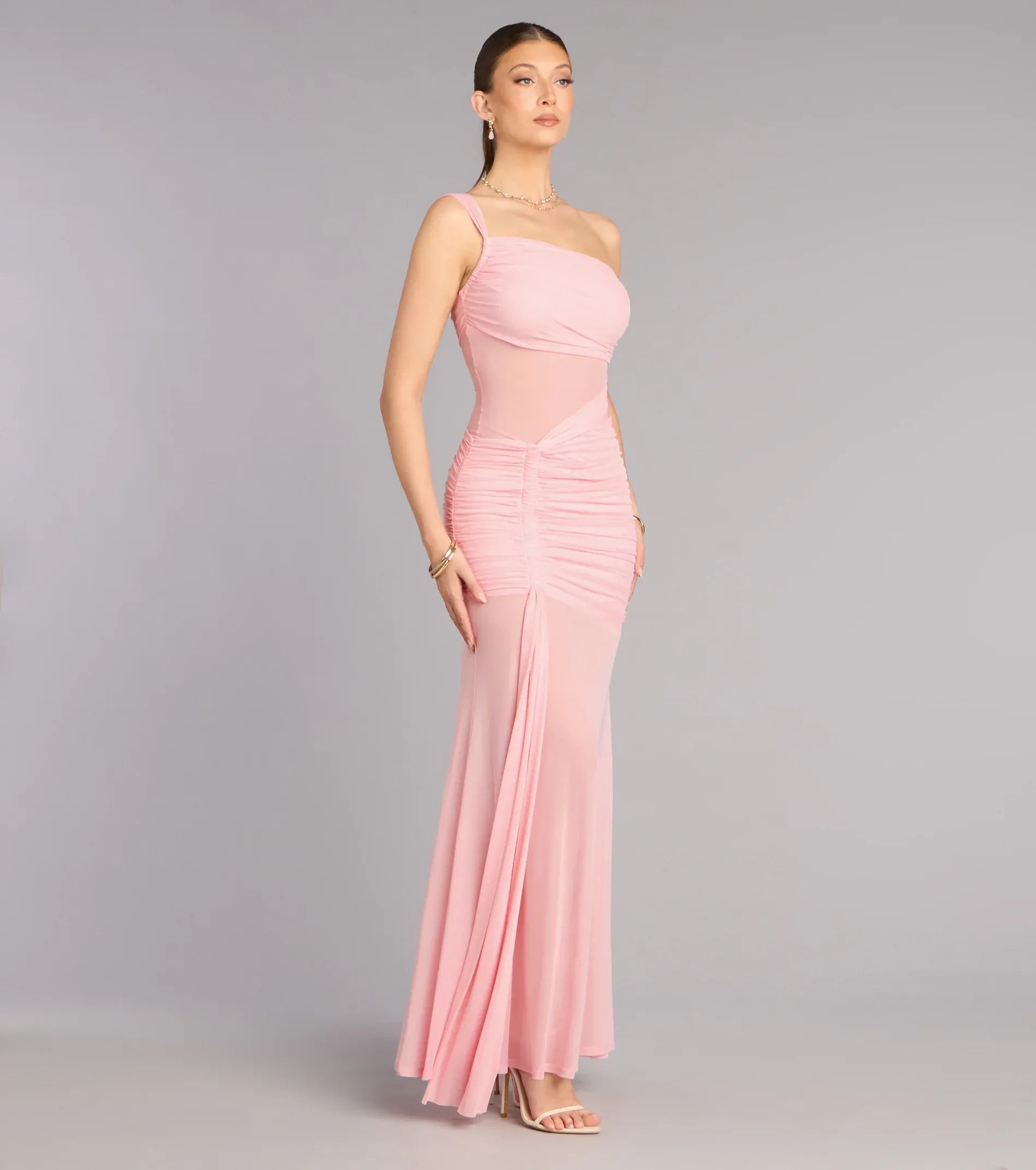 Blush One Shoulder Sheer Mesh Ruched Drawstring Mermaid Maxi Wedding Guest Dress