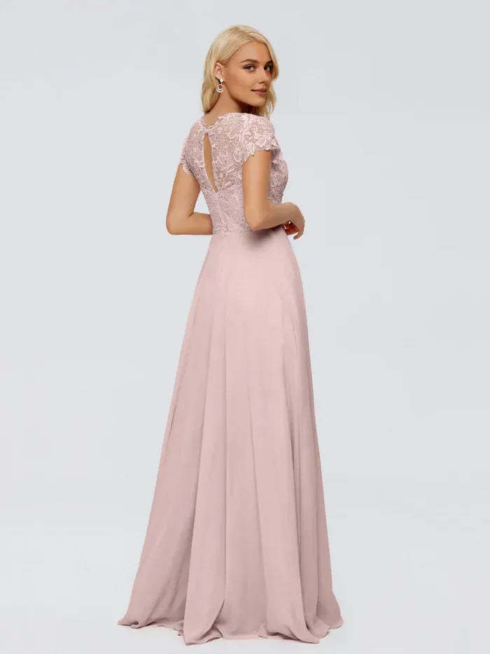 Blush Pink A-Line Lace Crew Neck Cap Sleeve Keyhole-Back Maxi Bridesmaid Dress