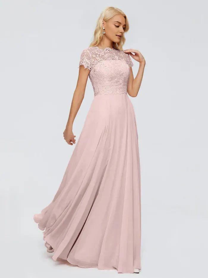 Blush Pink A-Line Lace Crew Neck Cap Sleeve Keyhole-Back Maxi Bridesmaid Dress