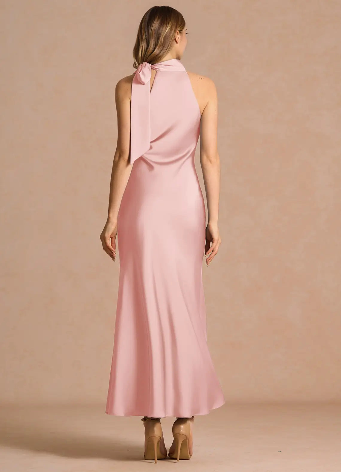 Blush Pink Halter Neck Tie Bow Mermaid Midi Satin Bridesmaid Dress