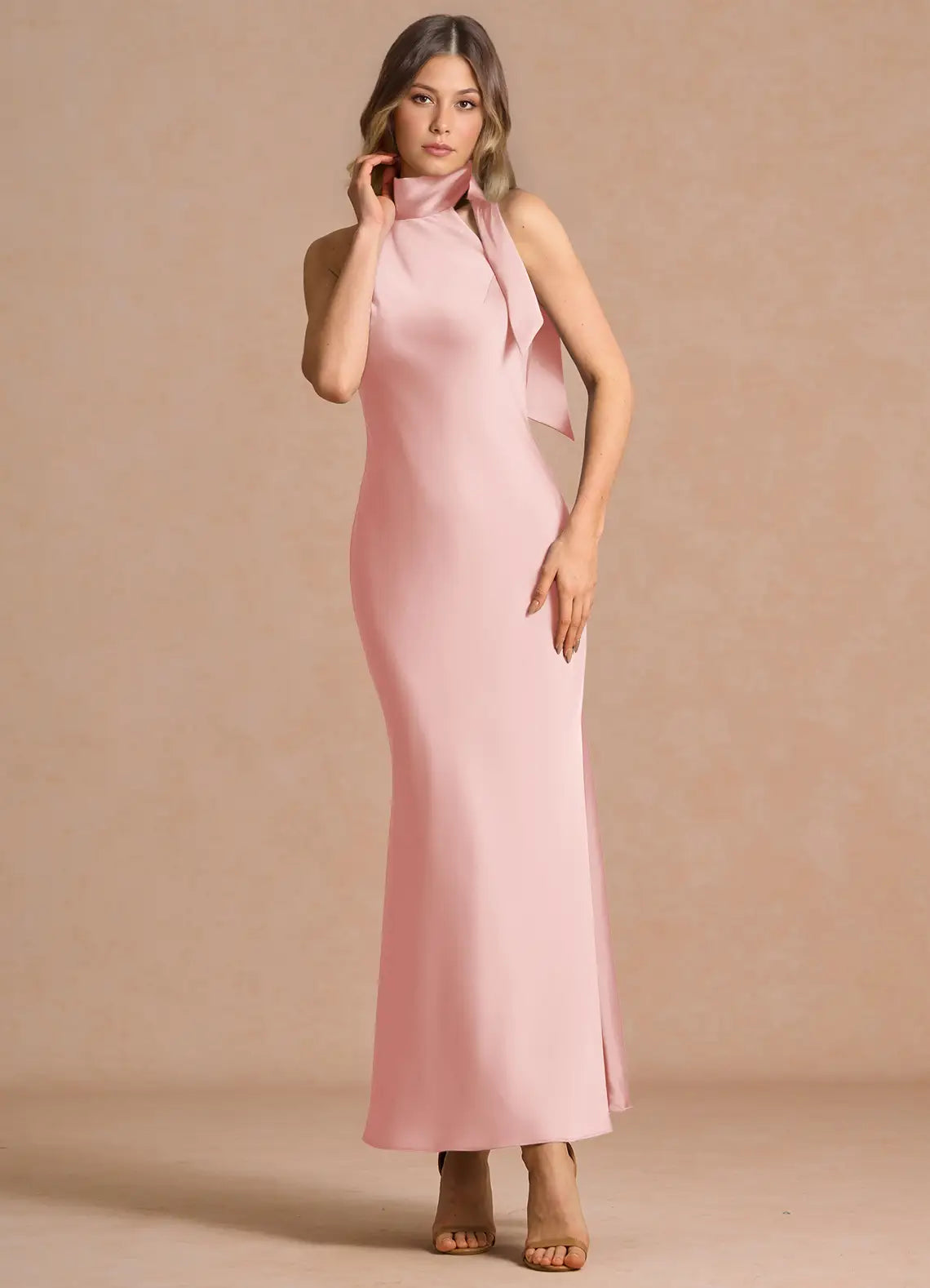 Blush Pink Halter Neck Tie Bow Mermaid Midi Satin Bridesmaid Dress