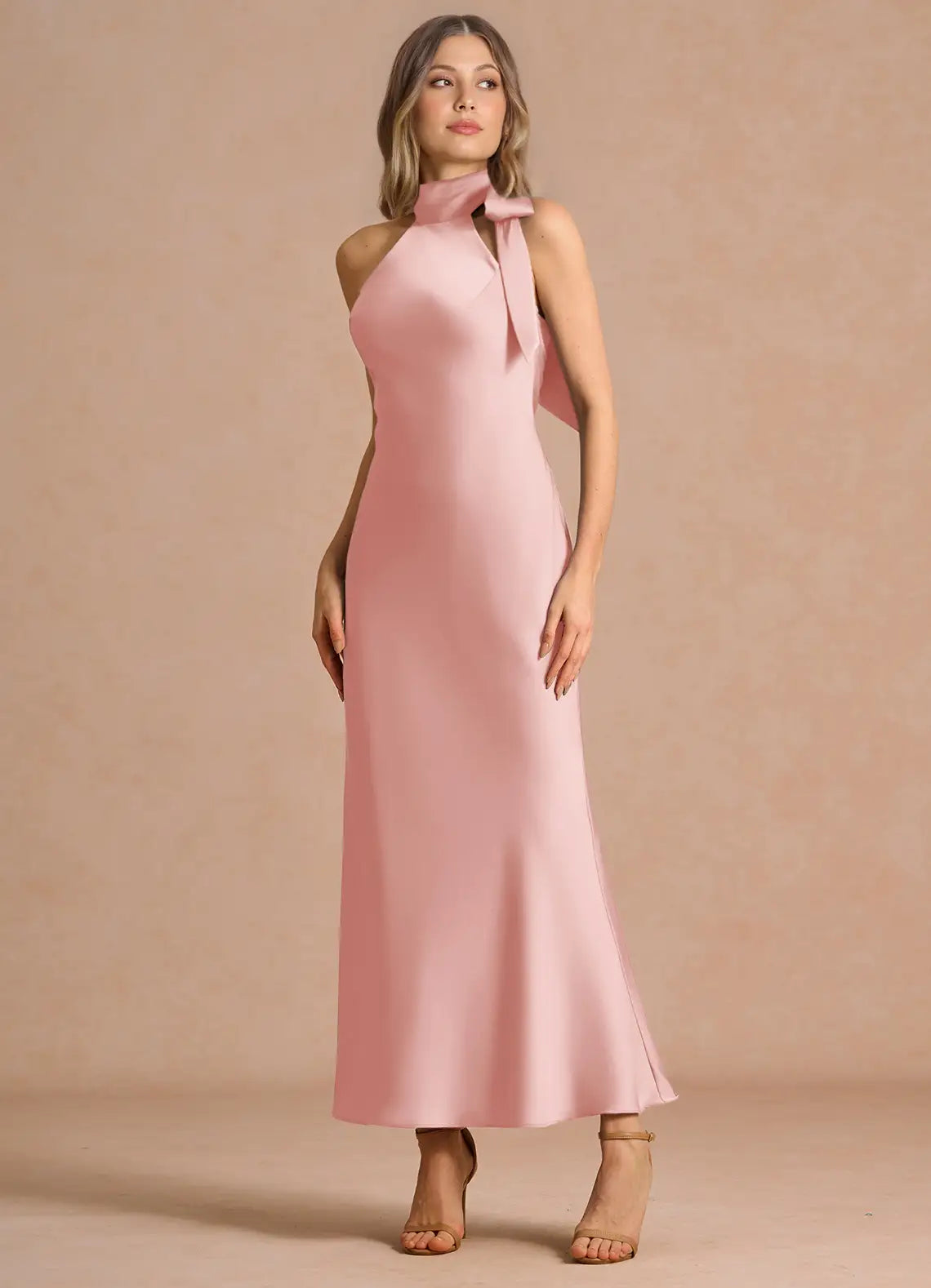 Blush Pink Halter Neck Tie Bow Mermaid Midi Satin Bridesmaid Dress
