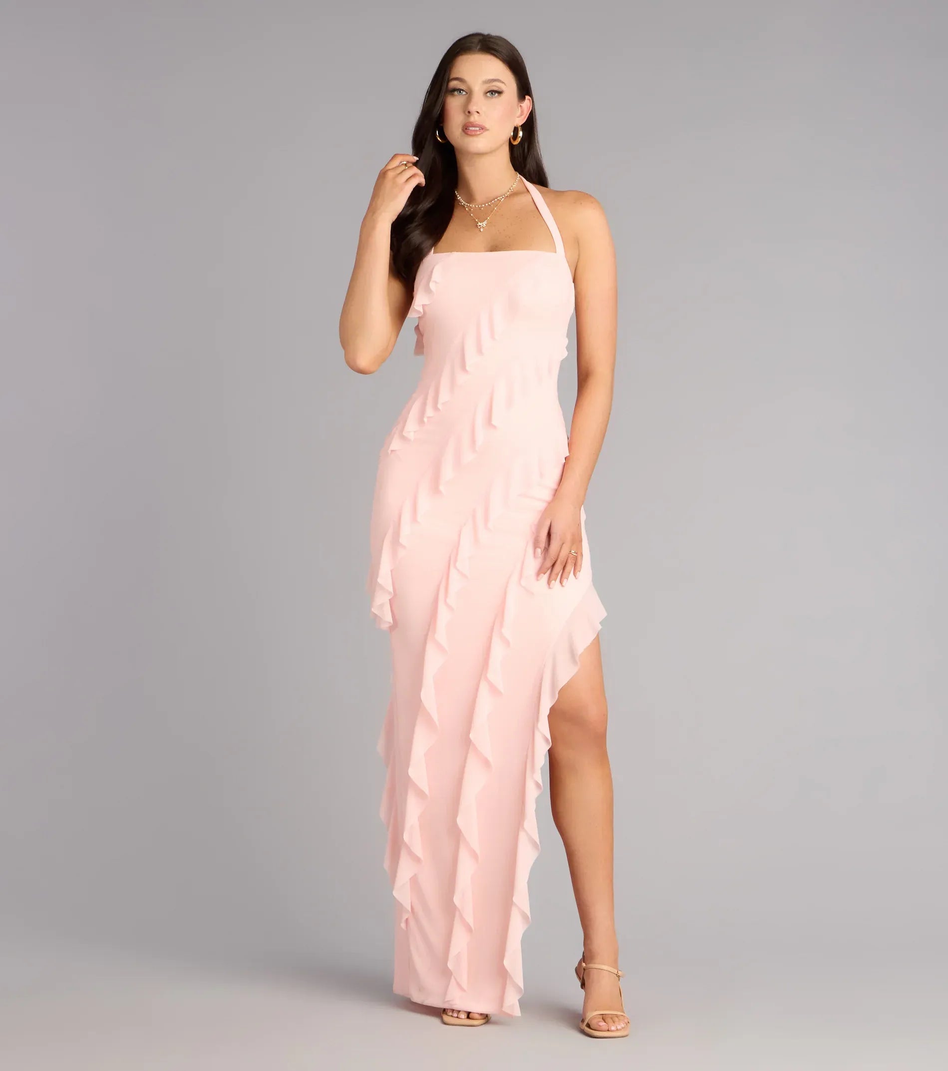 Blush Pink Halter Square Neck Cascading Ruffle Slit Mermaid Maxi Wedding Guest Dress