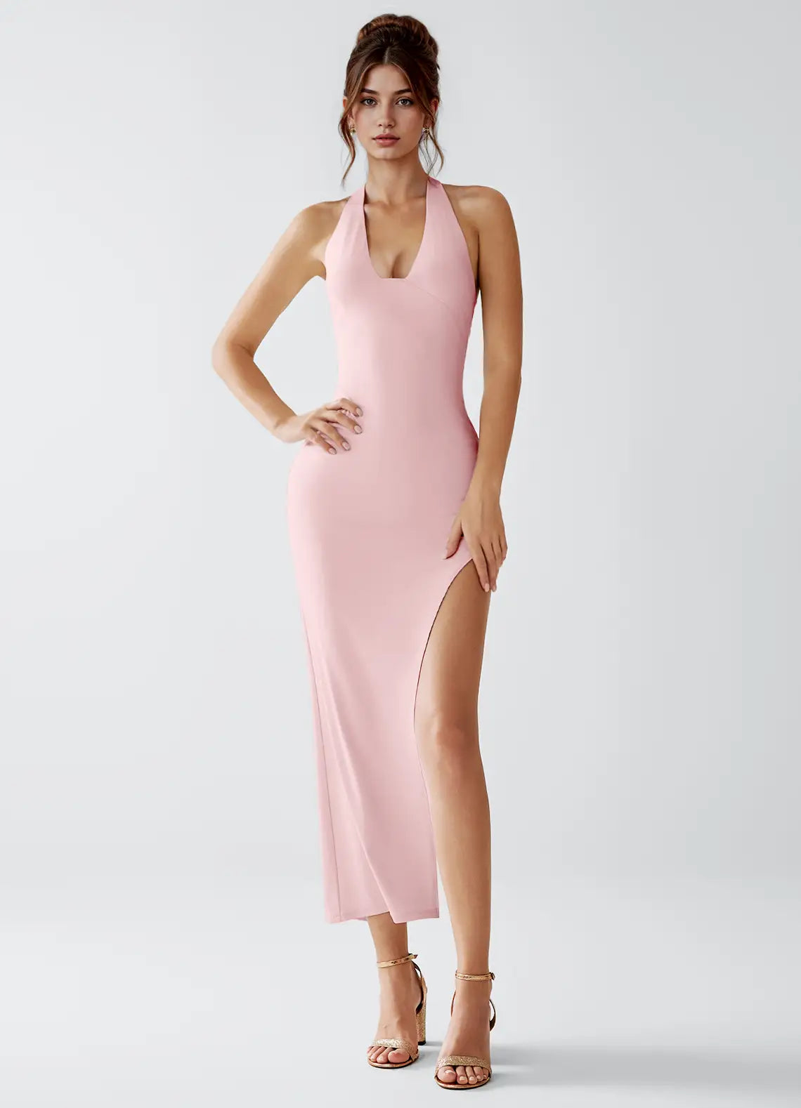 Blush Pink Halter Tie Back High Slit Bodycon Midi Wedding Guest Dress