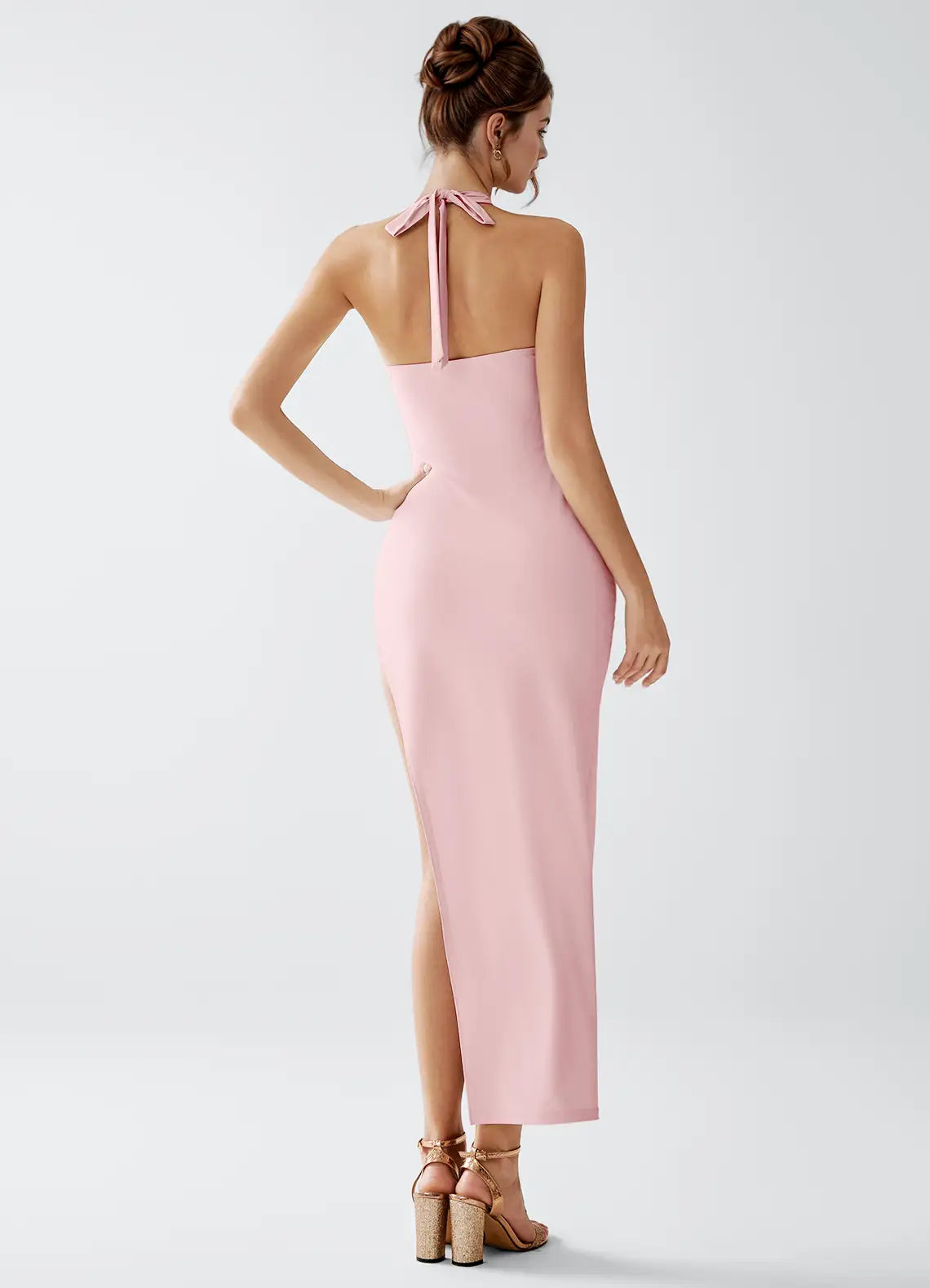 Blush Pink Halter Tie Back High Slit Bodycon Midi Wedding Guest Dress