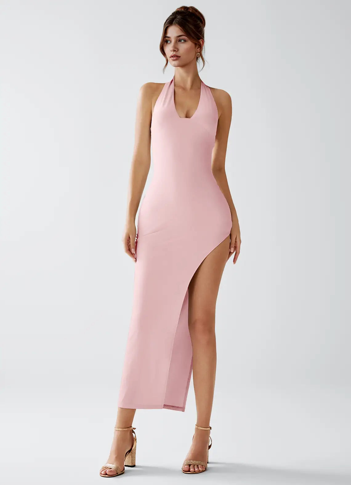 Blush Pink Halter Tie Back High Slit Bodycon Midi Wedding Guest Dress