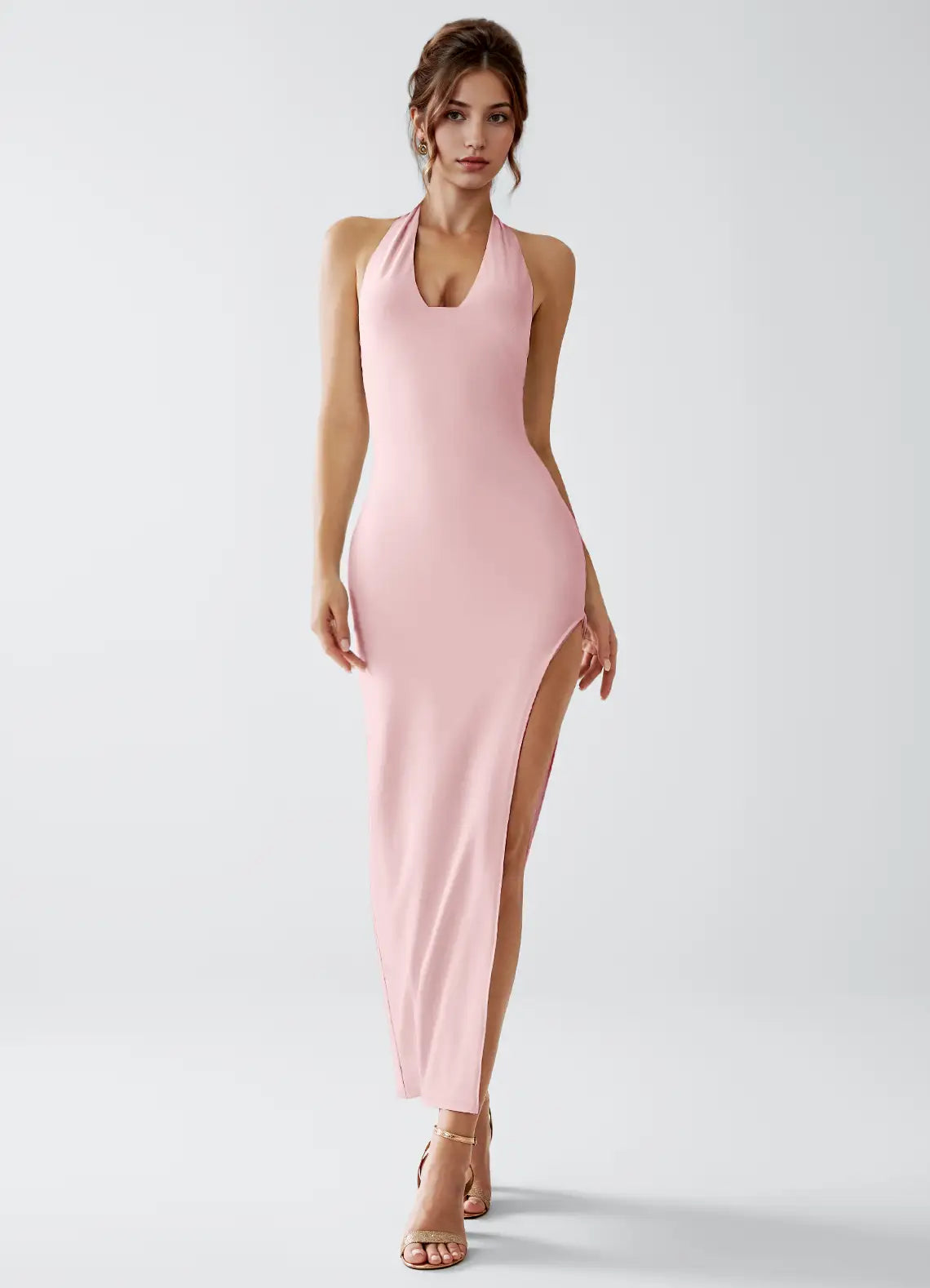 Blush Pink Halter Tie Back High Slit Bodycon Midi Wedding Guest Dress