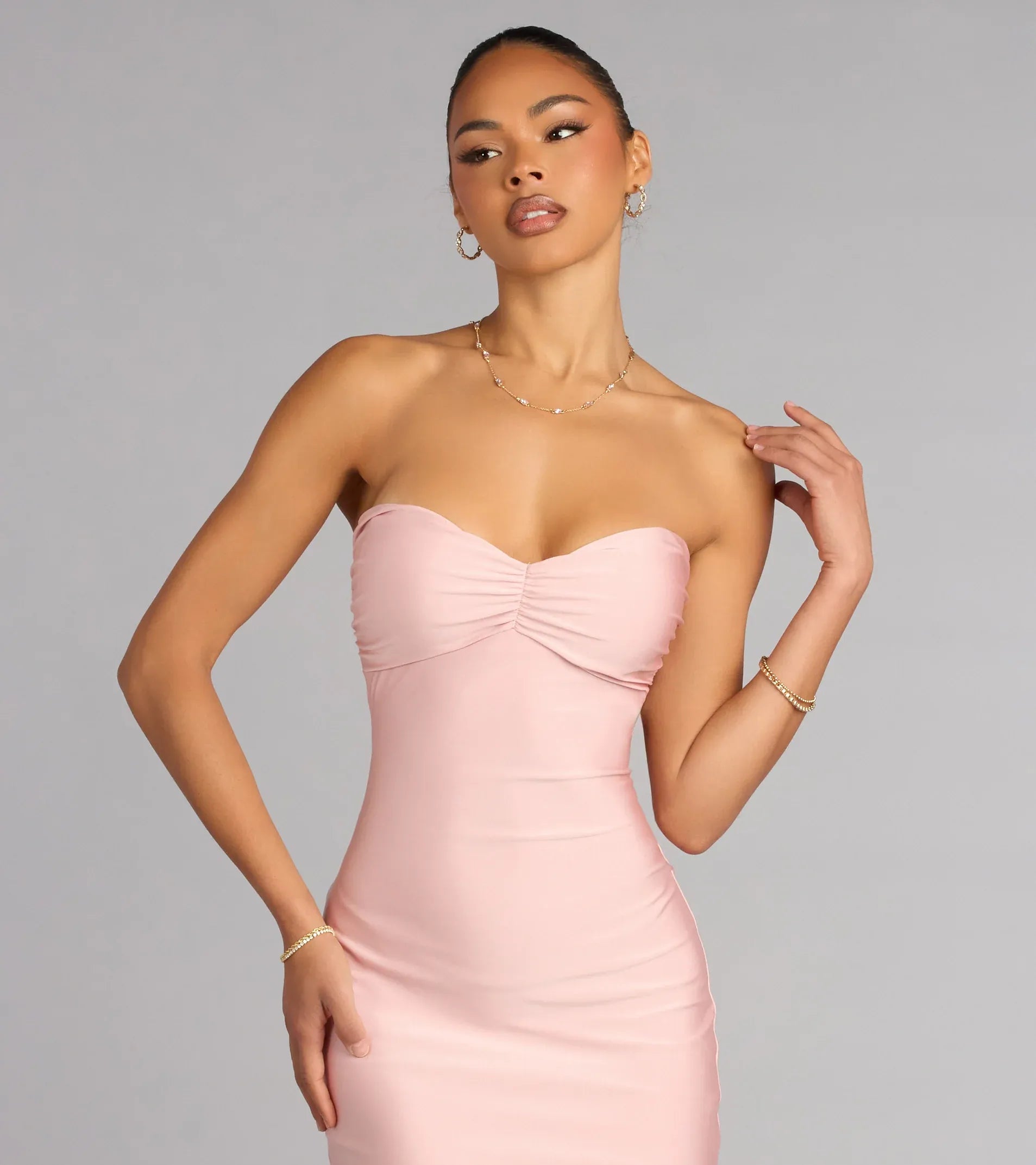 Blush Pink Satin Strapless Bow Tie Back Side Ruched Mermaid Floor Length Wedding Guest Dresses