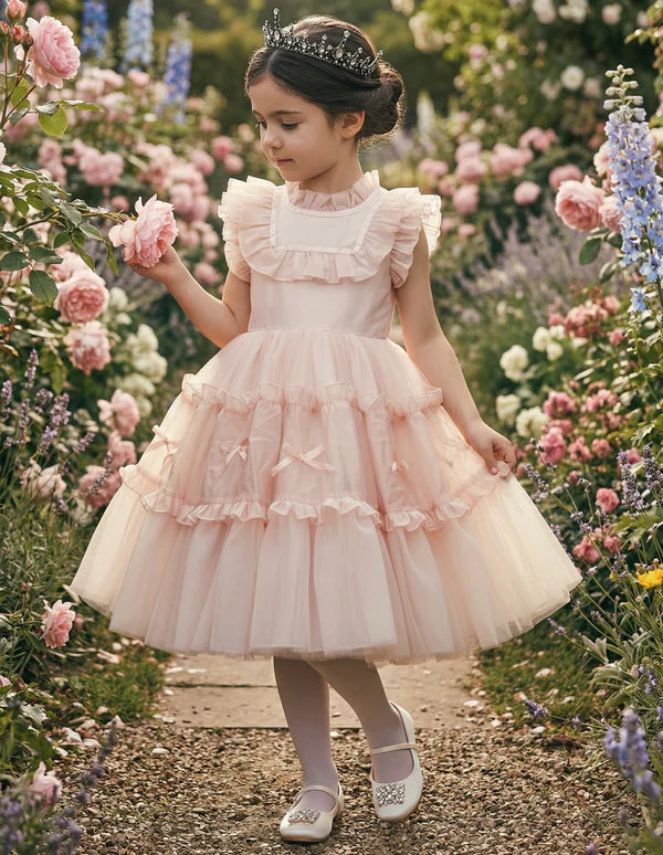 Blush Ruffle Tulle A Line Square Neck Sleeveless Big Bow Back Knee Length Flower Girl Party Dress