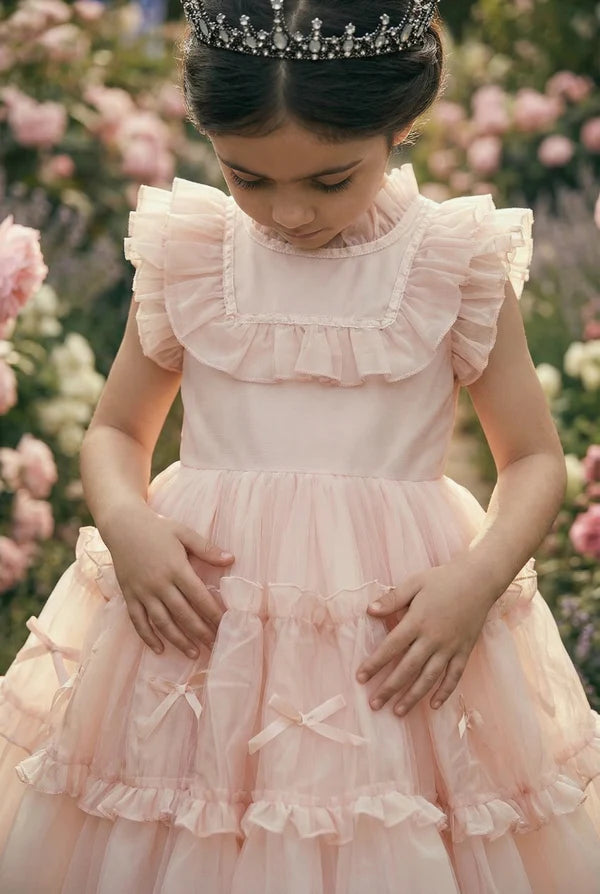 Blush Ruffle Tulle A Line Square Neck Sleeveless Big Bow Back Knee Length Flower Girl Party Dress