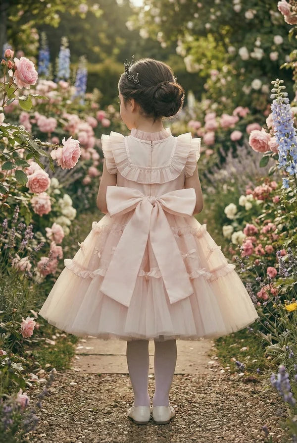 Blush Ruffle Tulle A Line Square Neck Sleeveless Big Bow Back Knee Length Flower Girl Party Dress