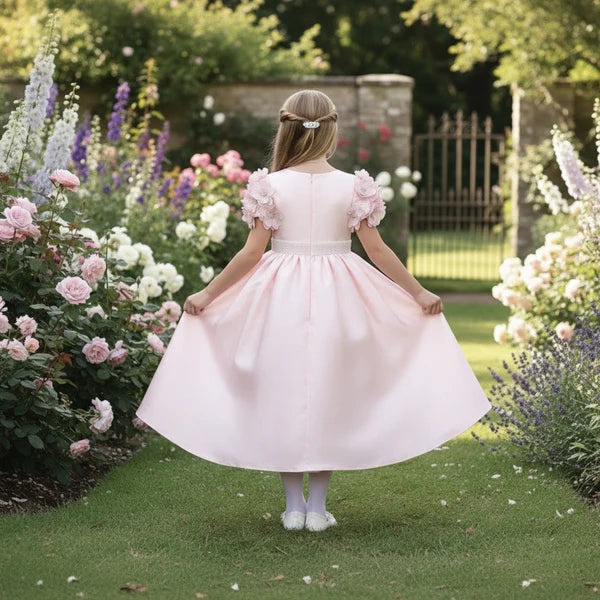 Blush Satin A Line Round Neck Floral Short Sleeve Plain Back Midi Flower Girl Wedding Dress