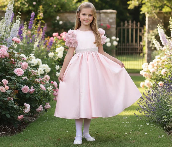 Blush Satin A Line Round Neck Floral Short Sleeve Plain Back Midi Flower Girl Wedding Dress