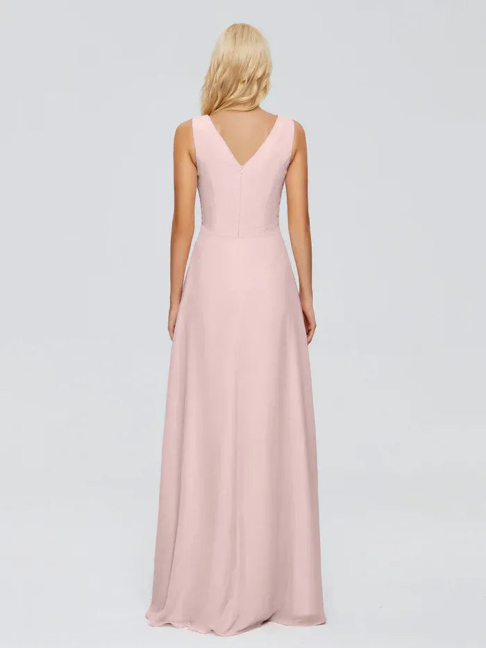 Blush Sleeveless V Neck Ruched Waist Crystal Accent Cascading Ruffle Floor Length A Line Chiffon Bridesmaid Dress