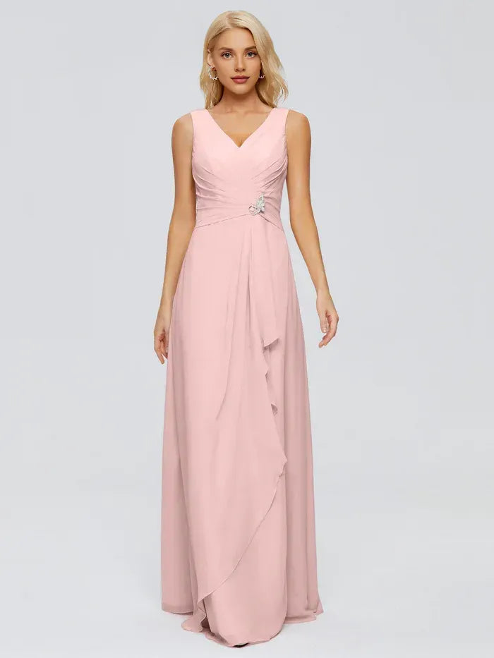 Blush Sleeveless V Neck Ruched Waist Crystal Accent Cascading Ruffle Floor Length A Line Chiffon Bridesmaid Dress
