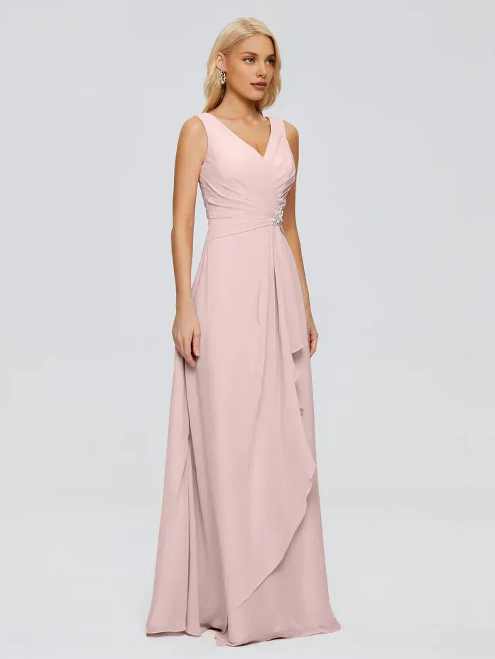 Blush Sleeveless V Neck Ruched Waist Crystal Accent Cascading Ruffle Floor Length A Line Chiffon Bridesmaid Dress