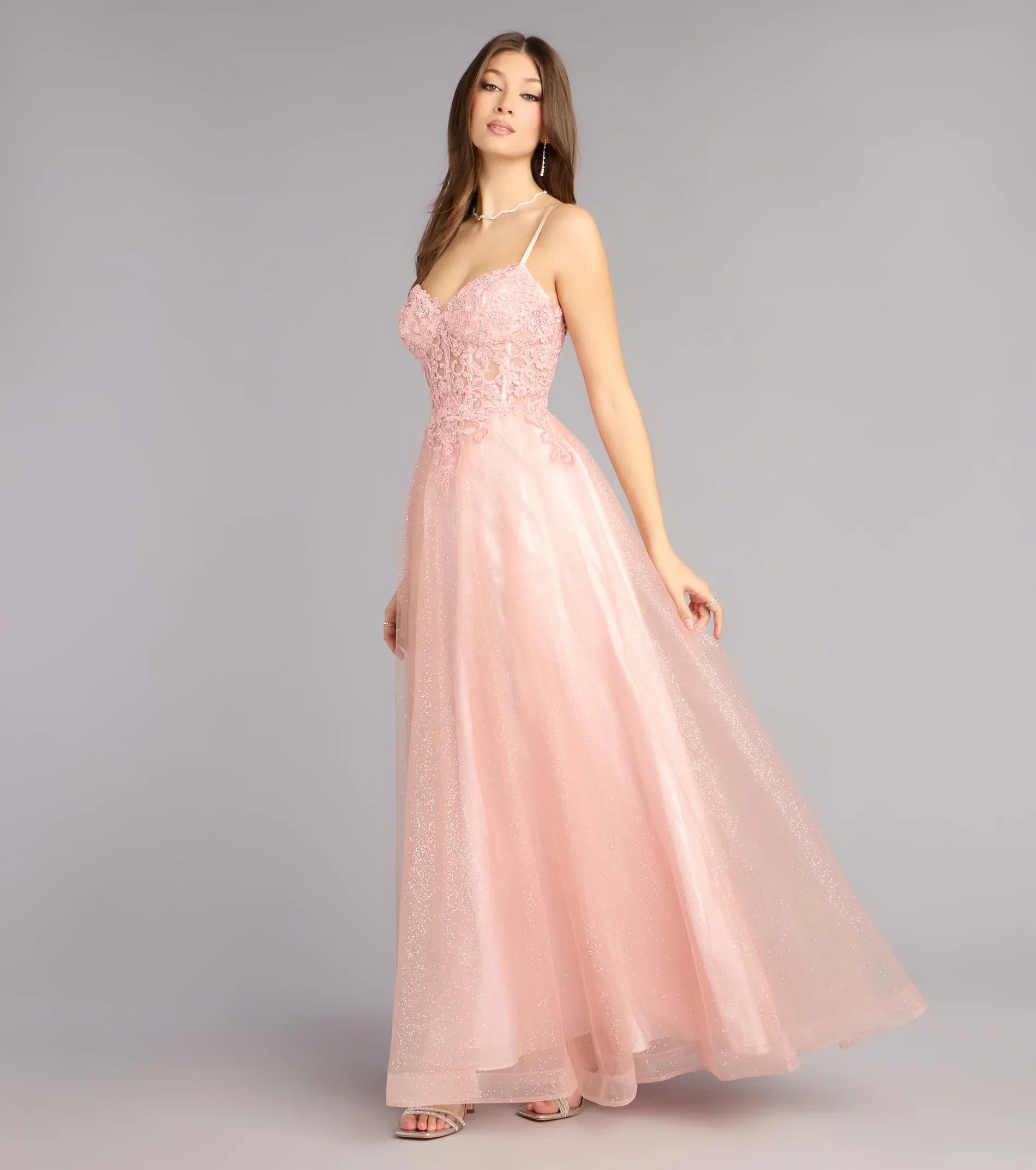 Blush Spaghetti Strap Lace Corset Glitter Tulle A Line Maxi Wedding Guest Dress