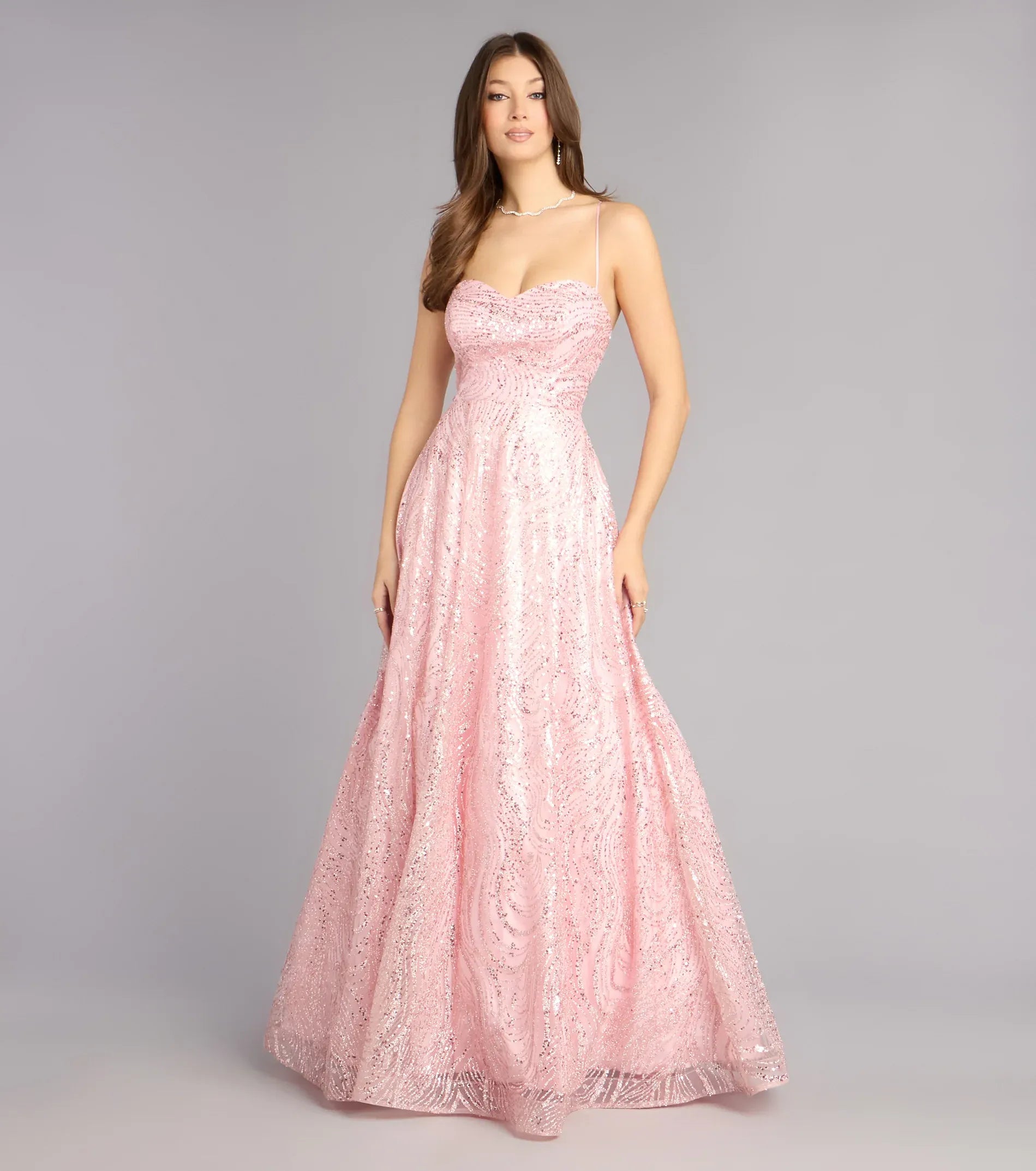 Blush Spaghetti Strap Sequined Lace-Up Back A-Line Tulle Maxi Wedding Guest Dresses
