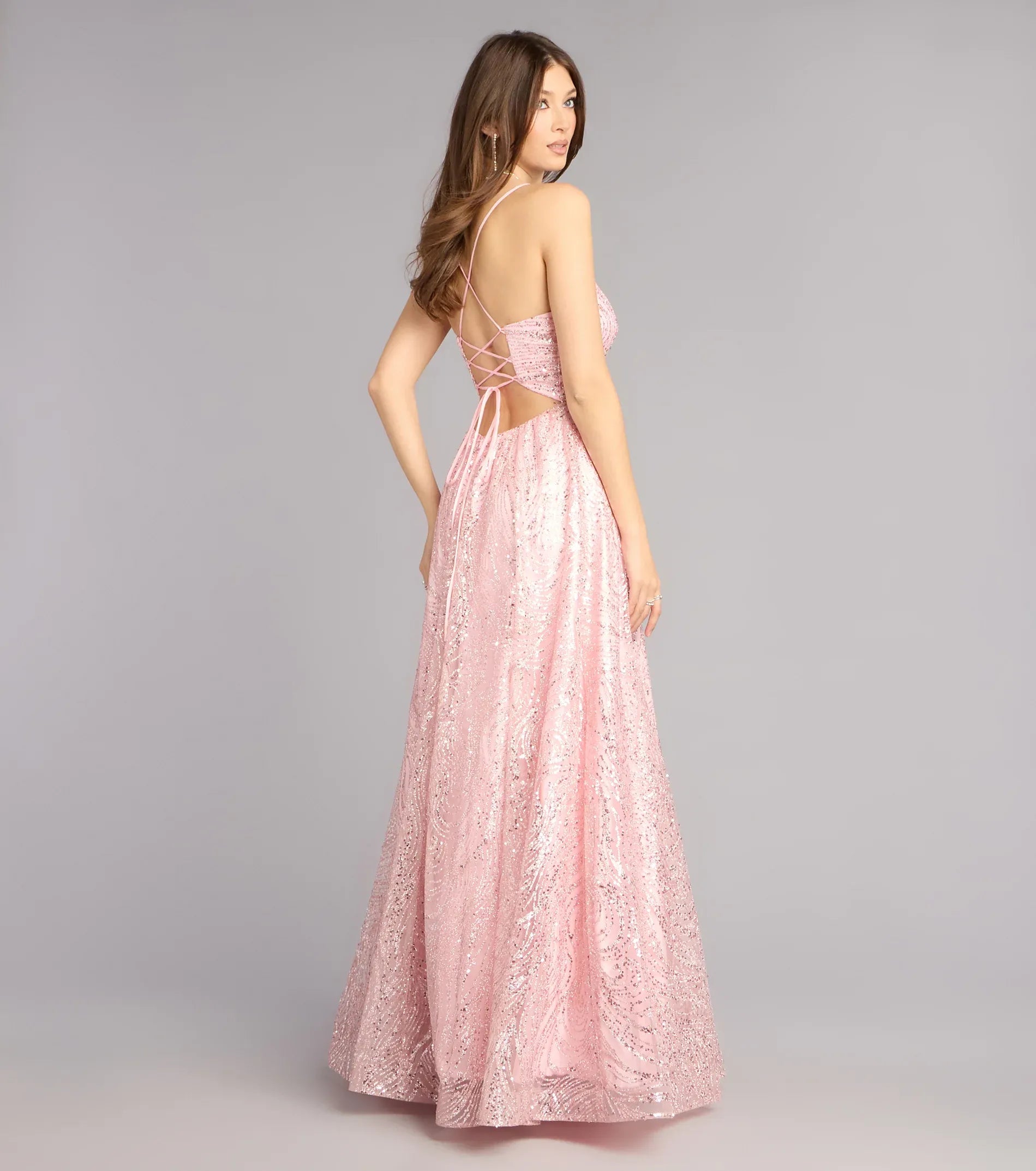 Blush Spaghetti Strap Sequined Lace-Up Back A-Line Tulle Maxi Wedding Guest Dresses