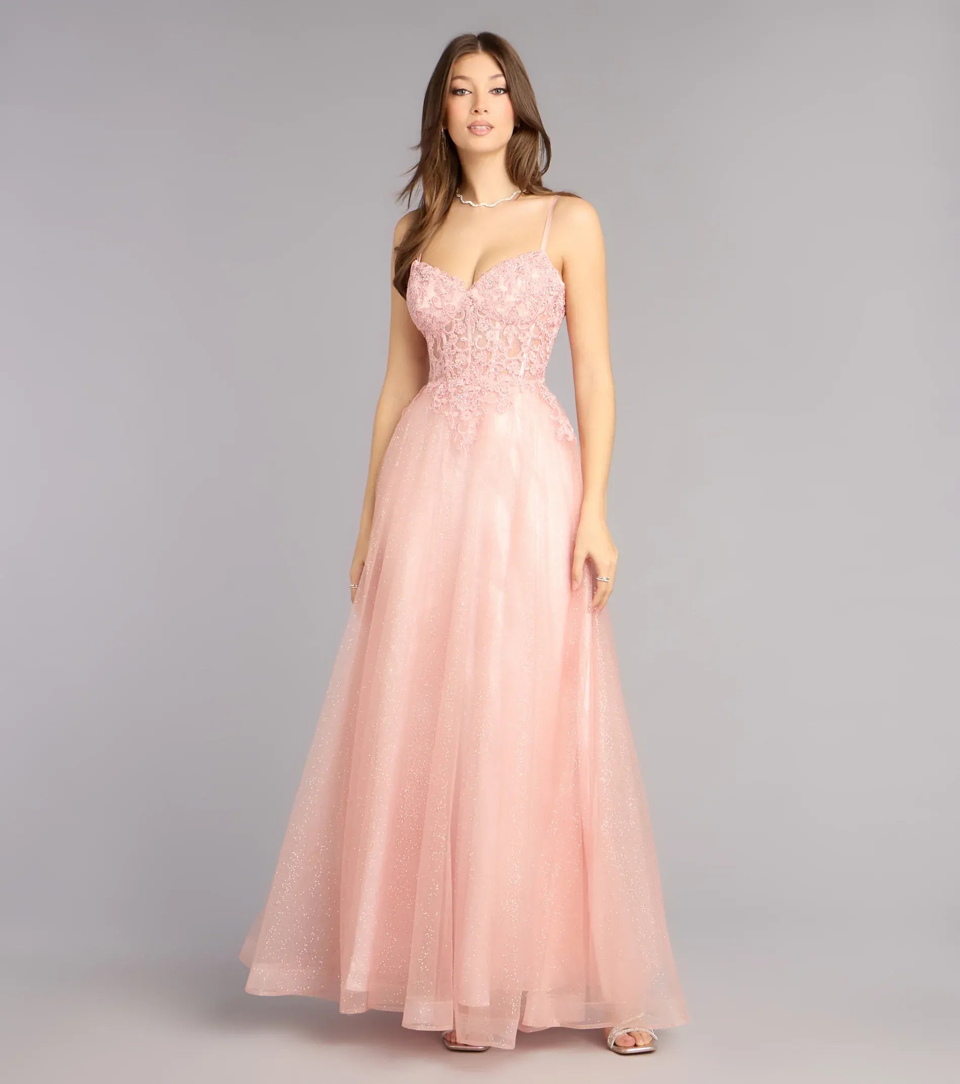 Blush Spaghetti Strap Sequined Lace-Up Back A-Line Tulle Maxi Wedding Guest Dresses