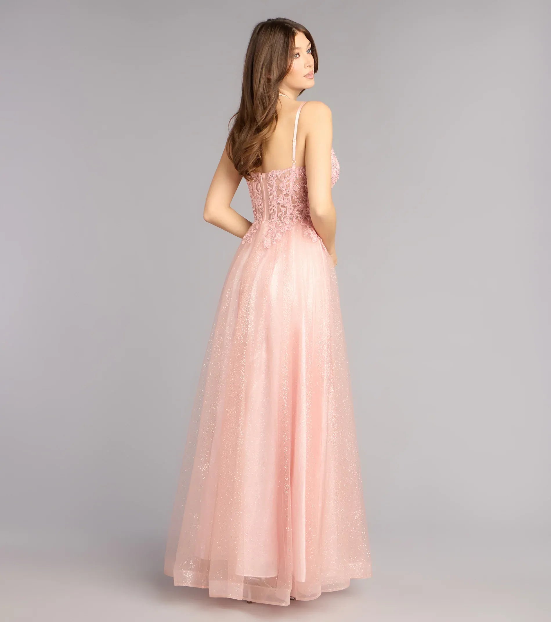 Blush Spaghetti Strap Sequined Lace-Up Back A-Line Tulle Maxi Wedding Guest Dresses