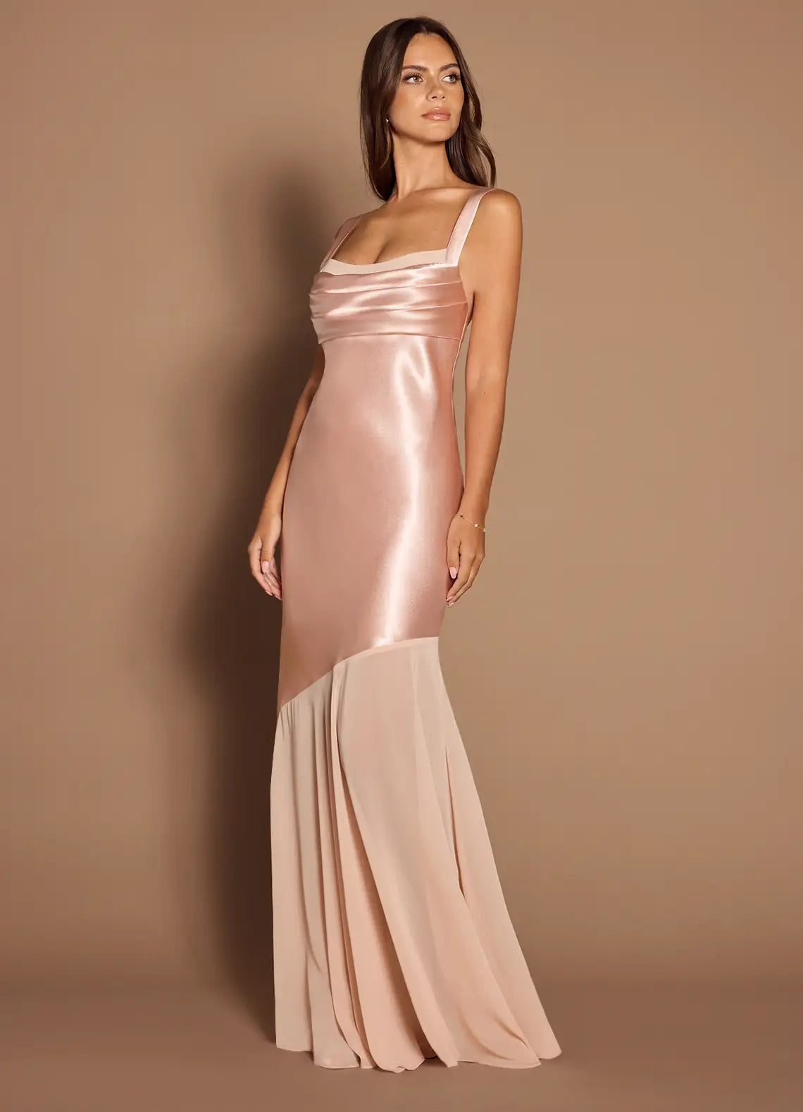 Blush Square Strap Mixed Fabric Tie Back Mermaid Maxi Wedding Guest Dress