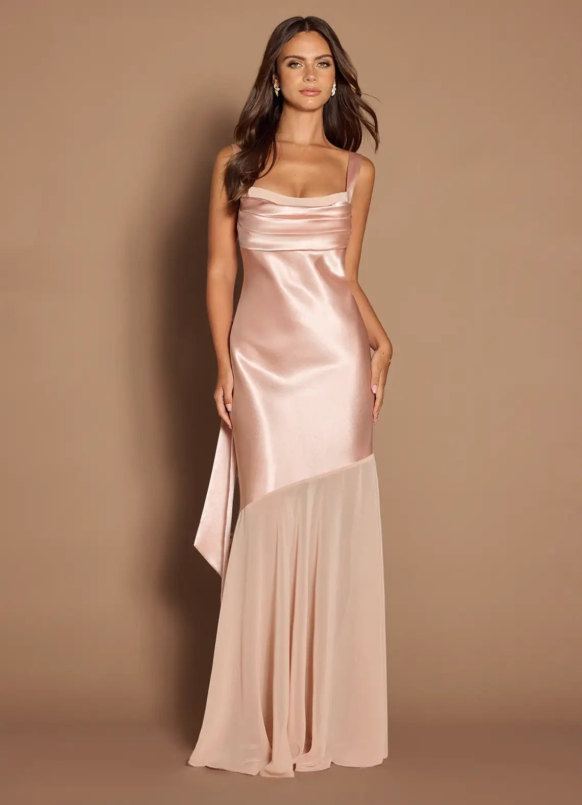 Blush Square Strap Mixed Fabric Tie Back Mermaid Maxi Wedding Guest Dress