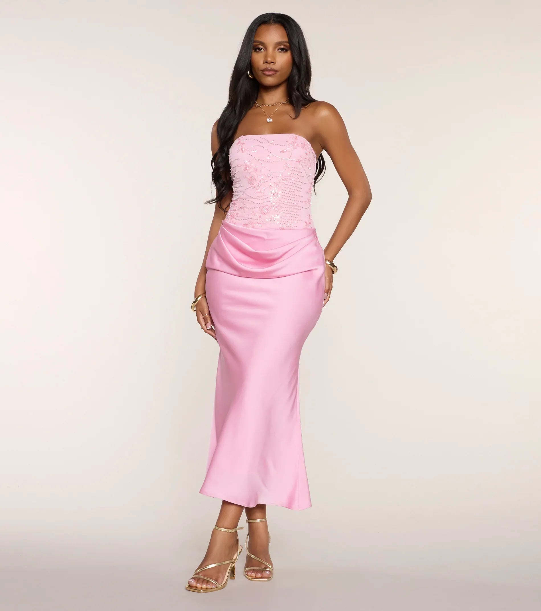 Blush Strapless Beaded Draped Waist Satin Midi Wedding Guest Dresses