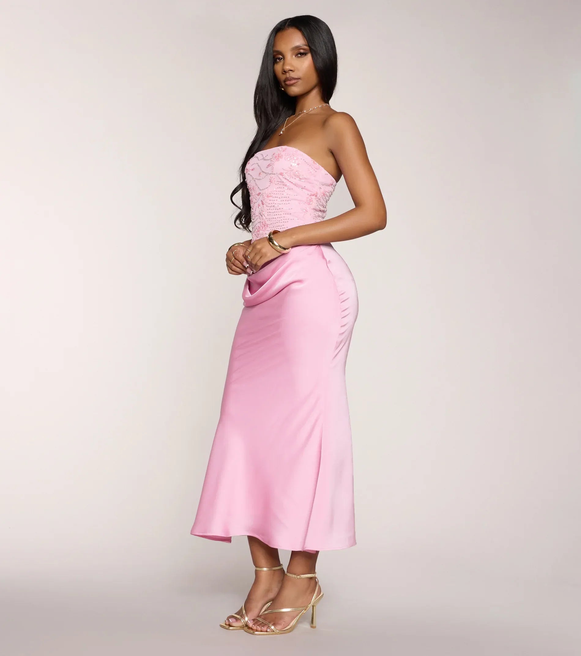 Blush Strapless Beaded Draped Waist Satin Midi Wedding Guest Dresses