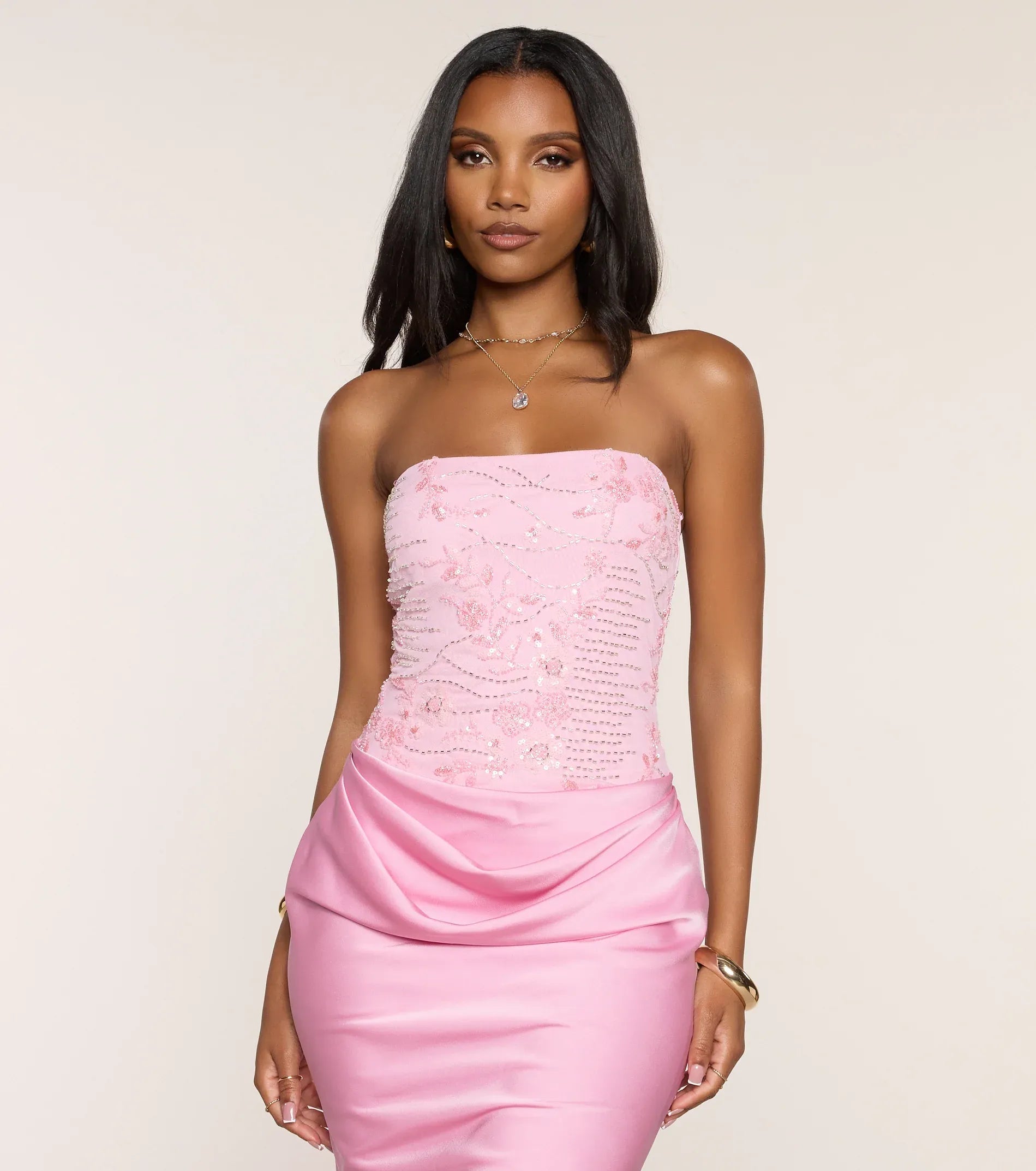 Blush Strapless Beaded Draped Waist Satin Midi Wedding Guest Dresses